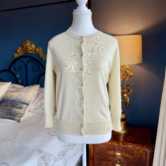 Nine West Light Gold Cotton Blend Metallic Buttoned Cardigan - Picture 4 of 13